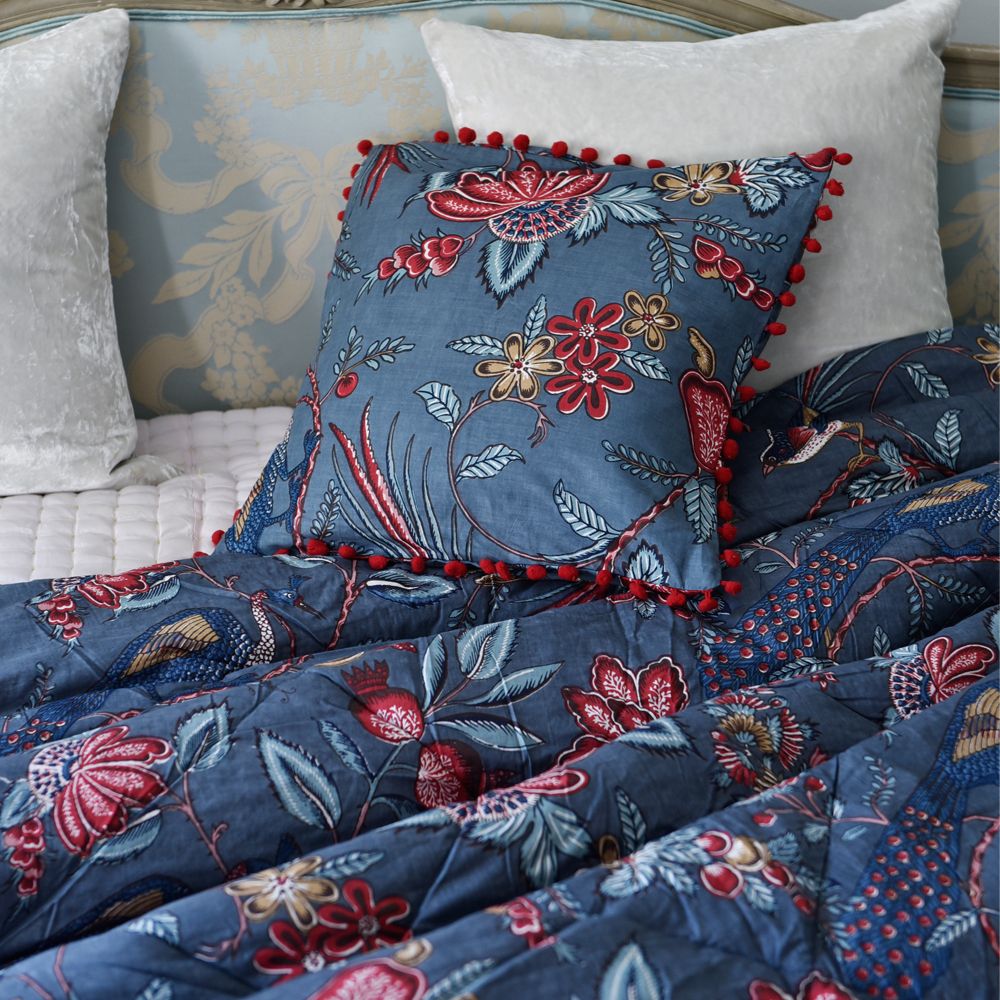 Grey Fruit Bird Indian Cushion