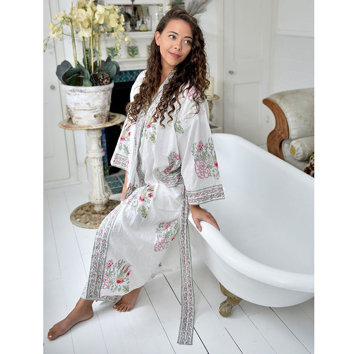 Block Printed Pink & Mint Floral Bird Cotton Dressing Gown