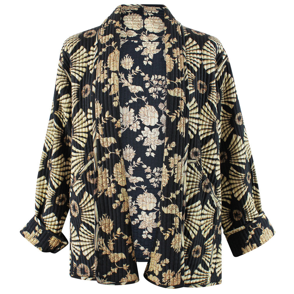 Black & Gold Fan Print Reversible Quilted Jacket
