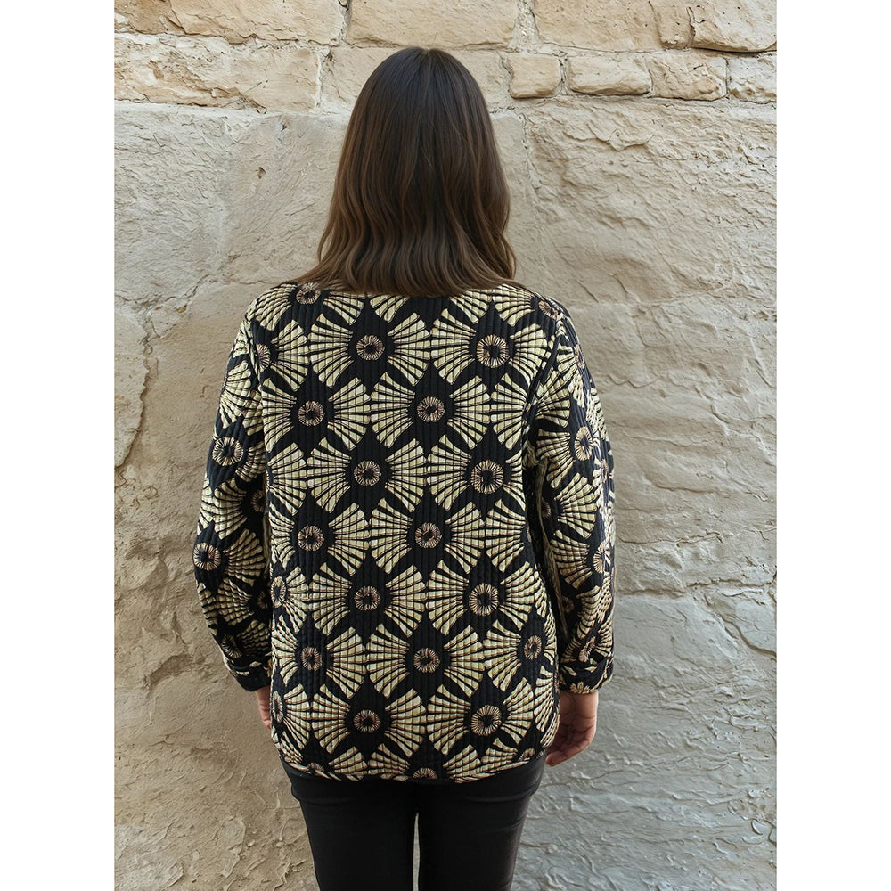 Black & Gold Fan Print Reversible Quilted Jacket
