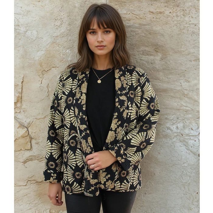 Black & Gold Fan Print Reversible Quilted Jacket