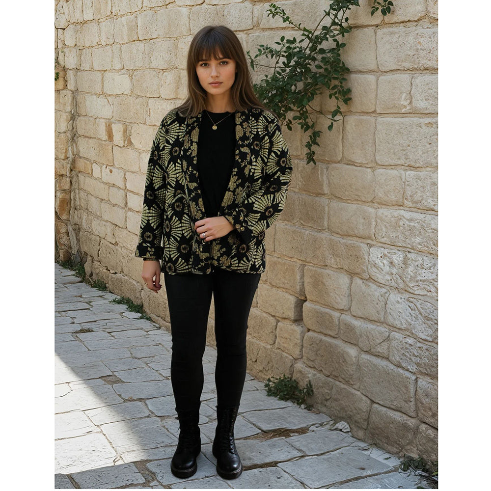 Black & Gold Fan Print Reversible Quilted Jacket