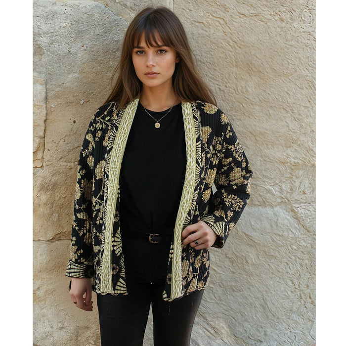 Black & Gold Fan Print Reversible Quilted Jacket