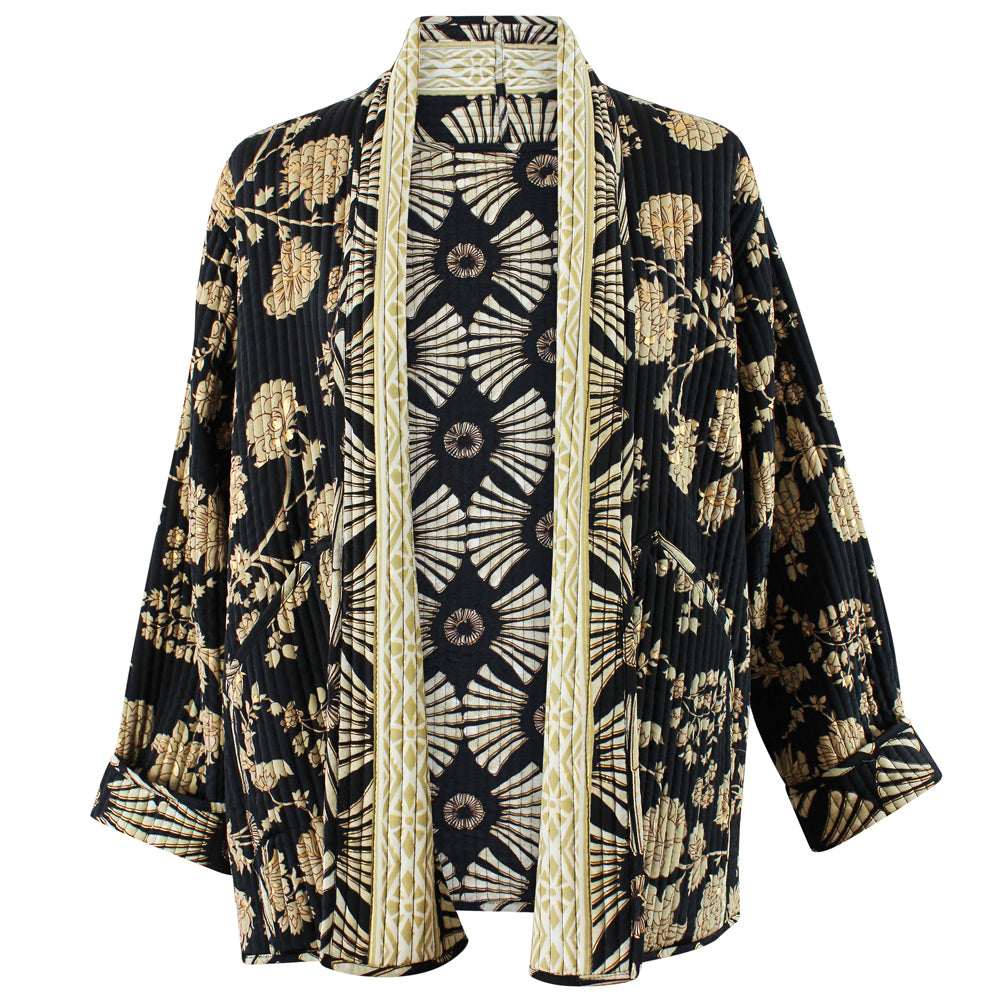 Black & Gold Fan Print Reversible Quilted Jacket