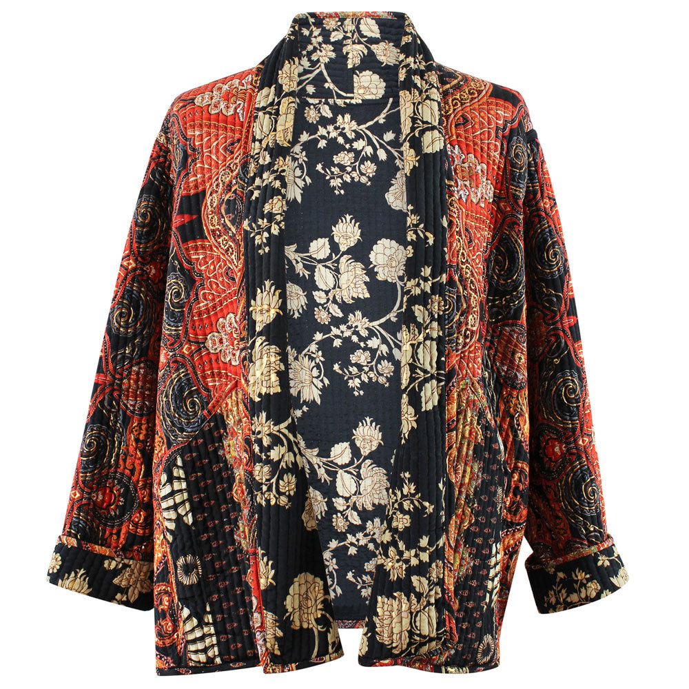 Red, Black & Gold Floral Paisley Print Reversible Quilted Jacket
