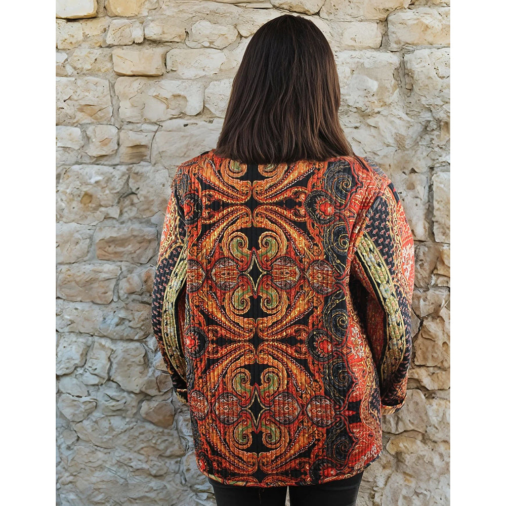 Red, Black & Gold Floral Paisley Print Reversible Quilted Jacket