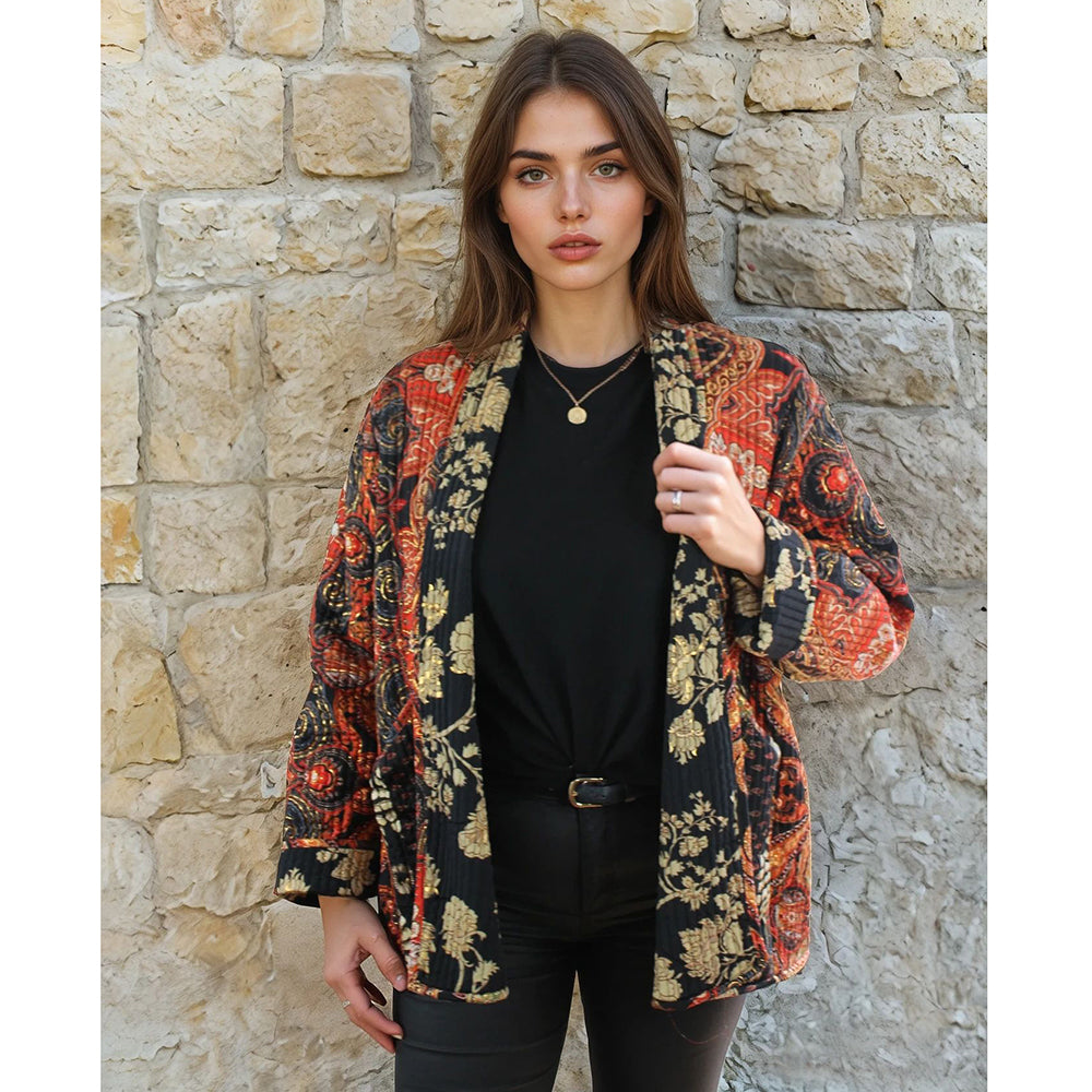 Red, Black & Gold Floral Paisley Print Reversible Quilted Jacket