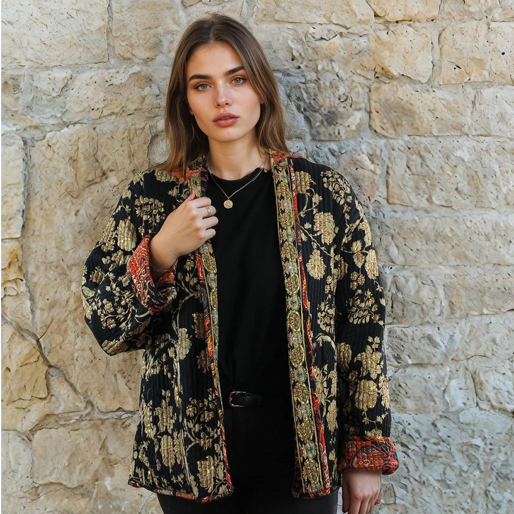 Red, Black & Gold Floral Paisley Print Reversible Quilted Jacket