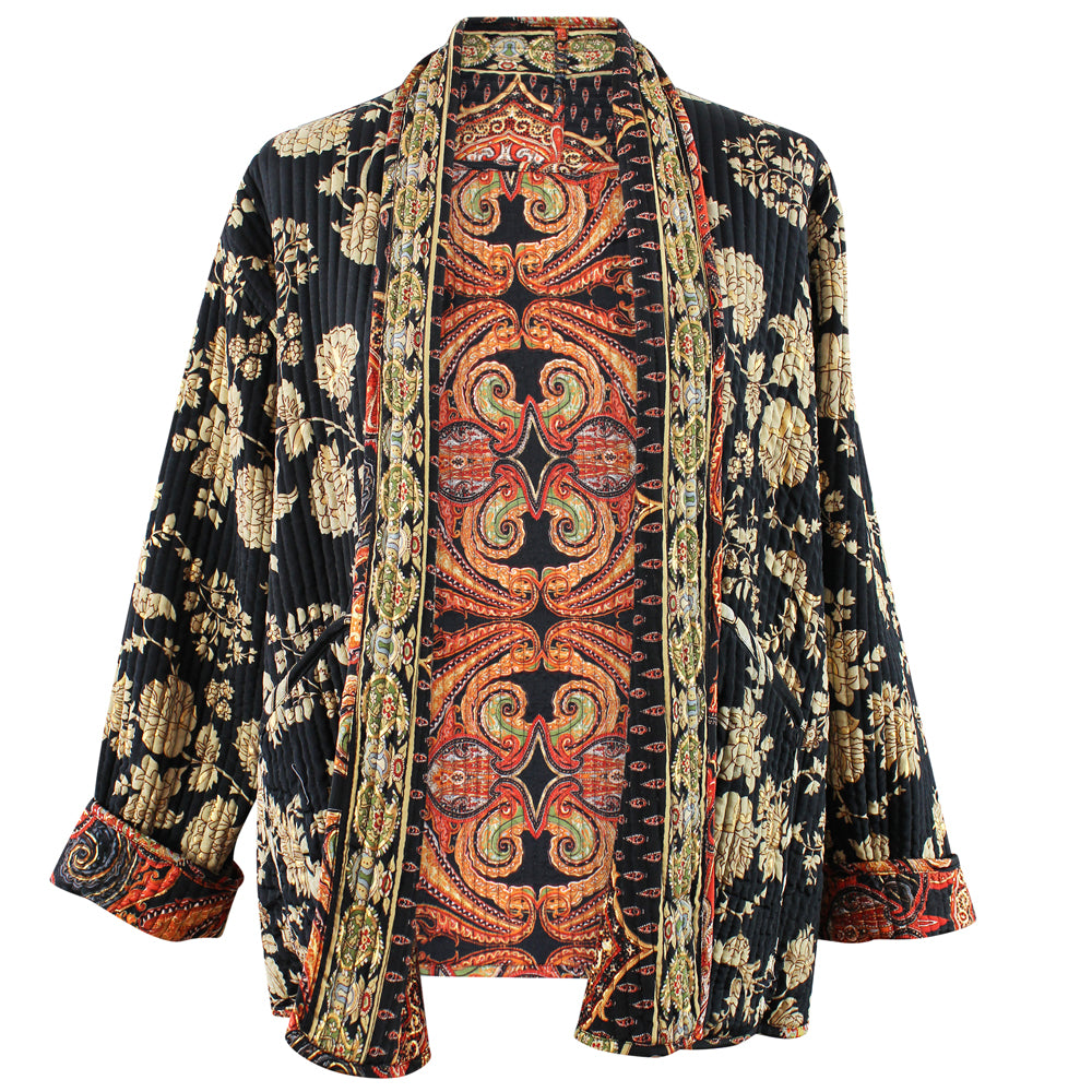Red, Black & Gold Floral Paisley Print Reversible Quilted Jacket