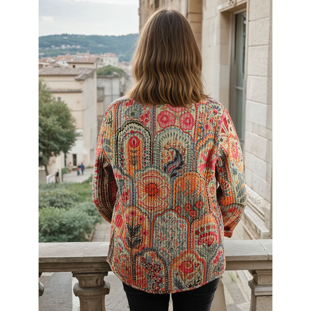 Pink, Orange & Cream Tile Print and Floral Reversible Quilted Jacket