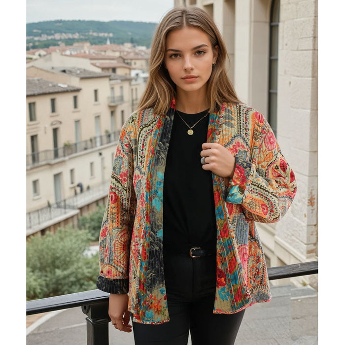 Pink, Orange & Cream Tile Print and Floral Reversible Quilted Jacket