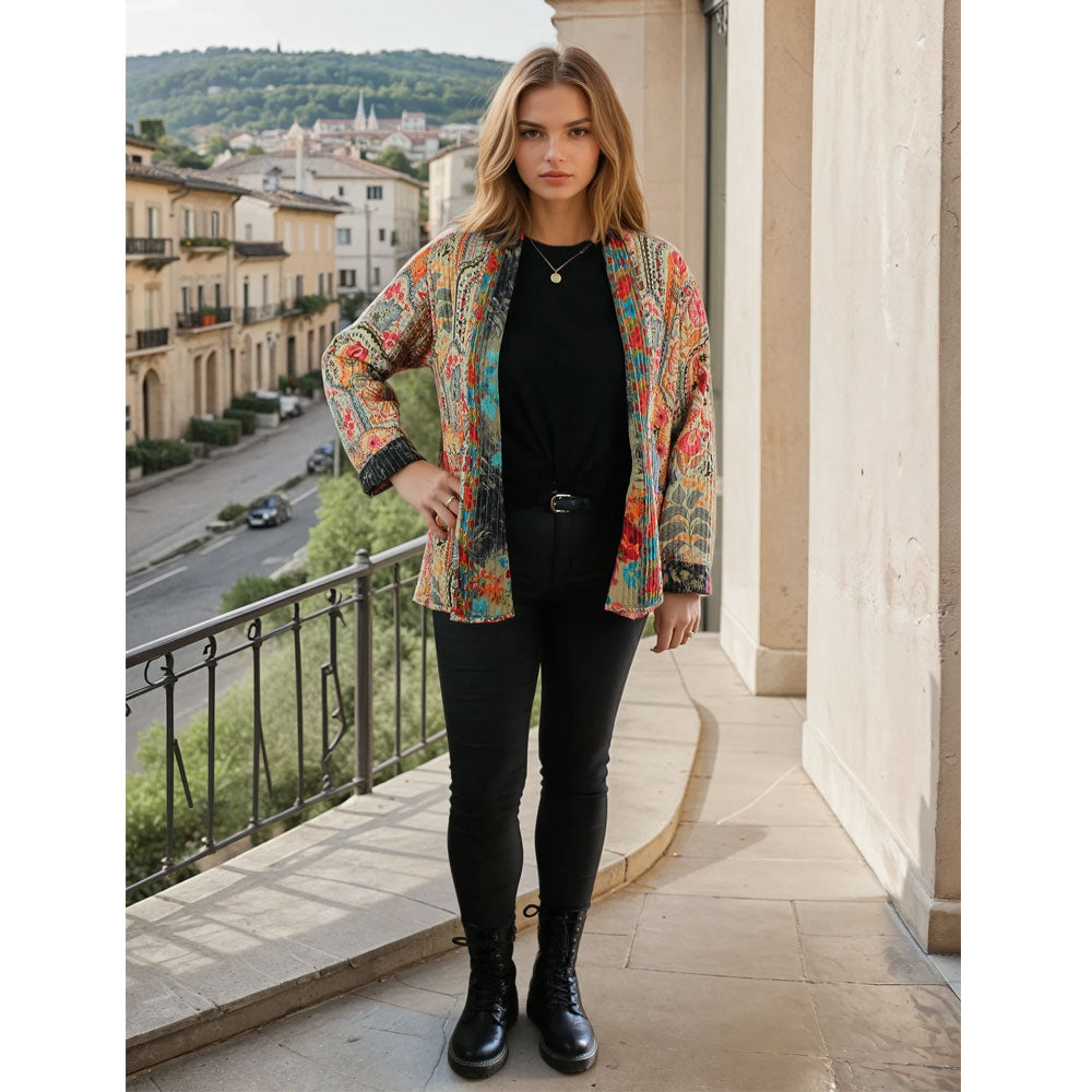 Pink, Orange & Cream Tile Print and Floral Reversible Quilted Jacket