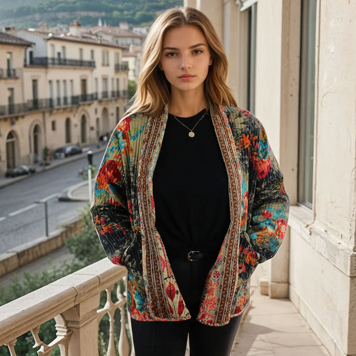 Pink, Orange & Cream Tile Print and Floral Reversible Quilted Jacket