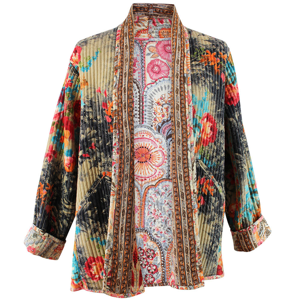 Pink, Orange & Cream Tile Print and Floral Reversible Quilted Jacket