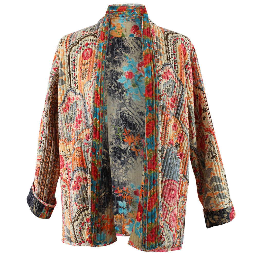 Pink, Orange & Cream Tile Print and Floral Reversible Quilted Jacket
