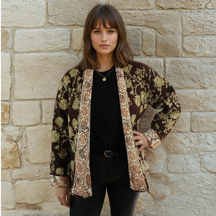 Cream, Terracotta & Gold Floral Reversible Quilted Jacket