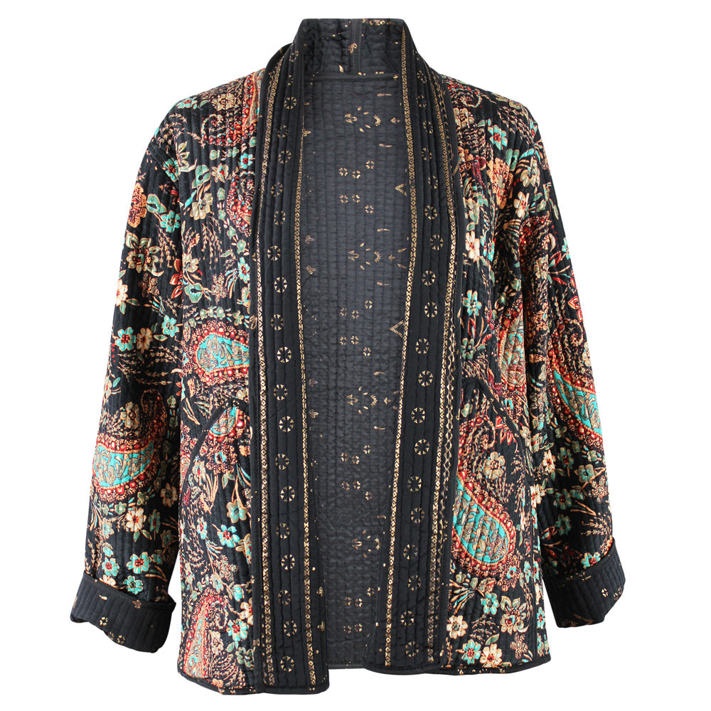 Black, Blue & Red Floral Paisley Reversible Quilted Jacket