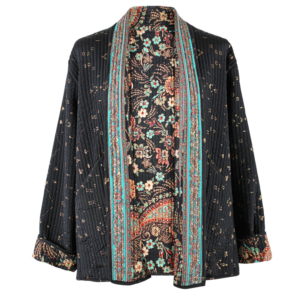 Black, Blue & Red Floral Paisley Reversible Quilted Jacket