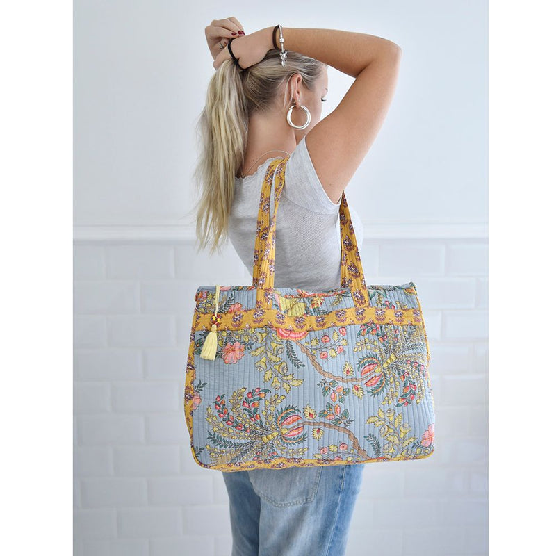 Block Printed Coral Exotic Bouquet Quilted Bag