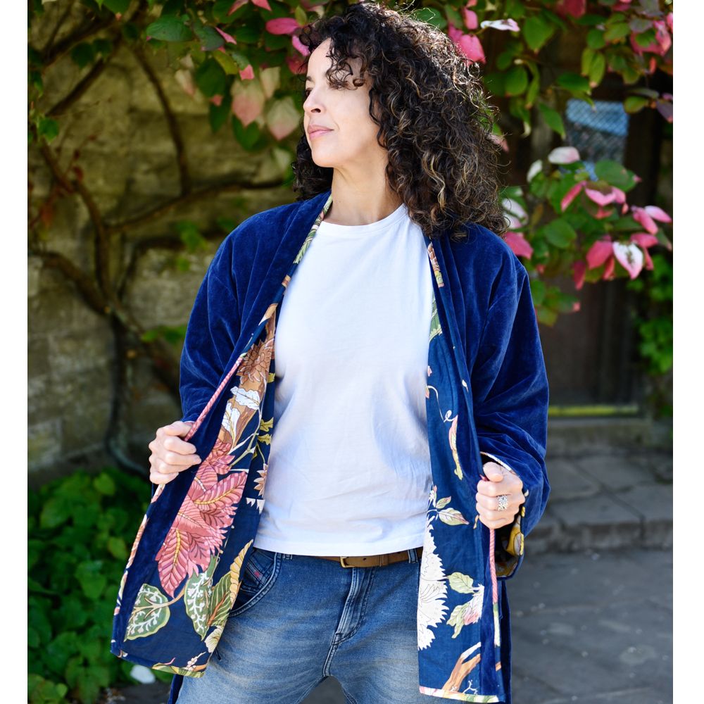 Dark Blue Velvet/Carnation Cotton Print Reversible Jacket