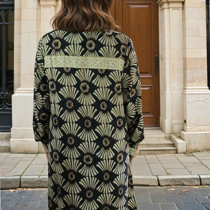 'Coco' Buttoned Black & Gold Fan Print Shirt Dress