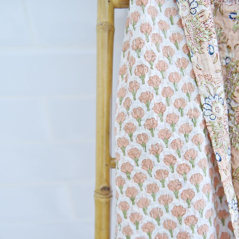 Block Printed Peach Floral Kantha Throw