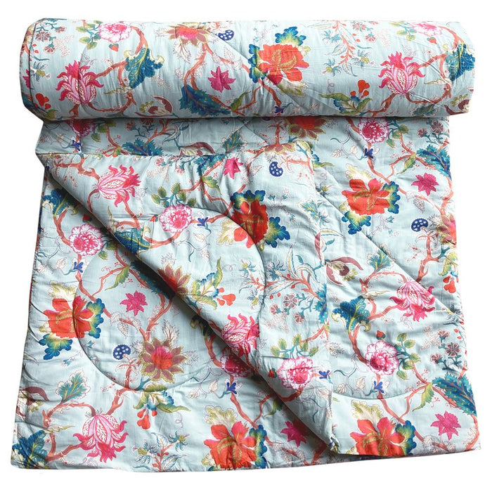 Blue Exotic Flower Print Cotton Indian Bed Quilt