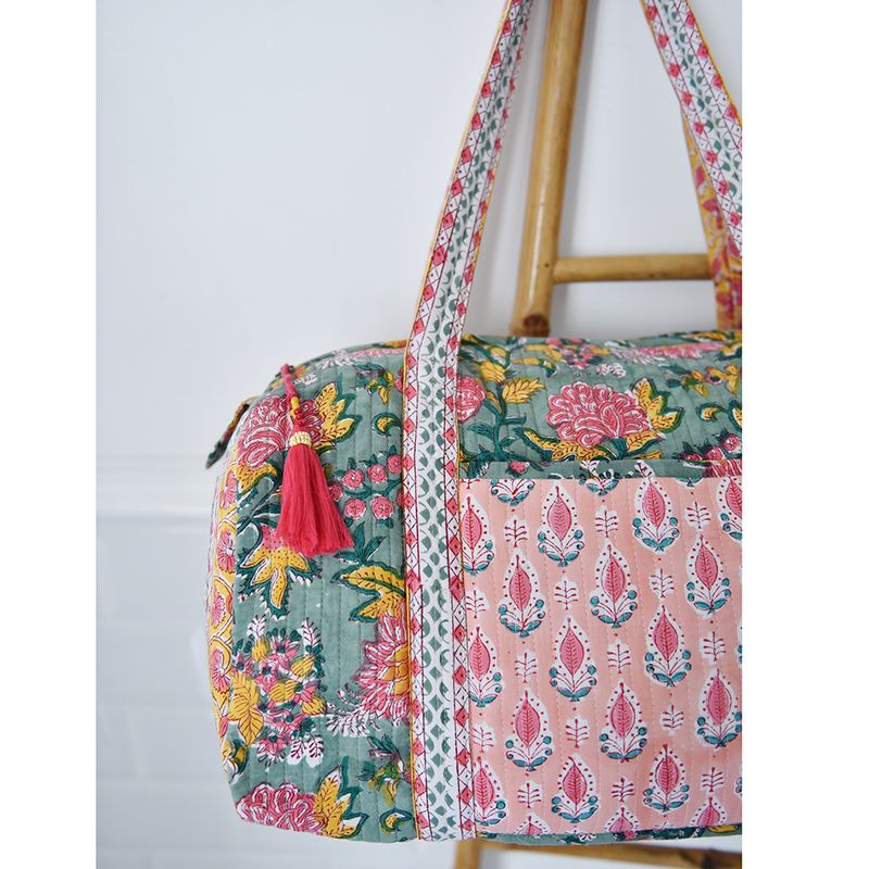 Block Printed Green, Lemon & Sorbet Pink Floral Stripe Quilted Duffle Bag