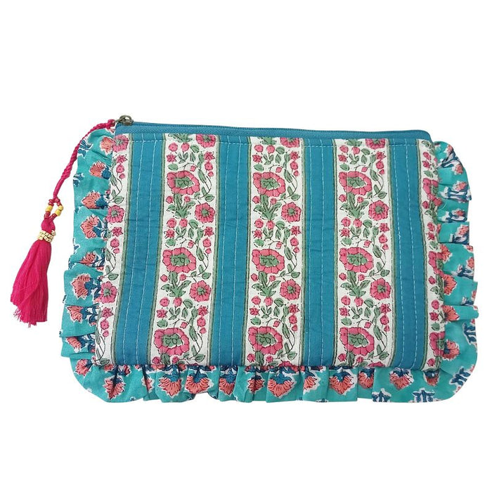 Block Printed Inky Blue & Pink Floral Stripe Quilted Ruffle Make Up Bag