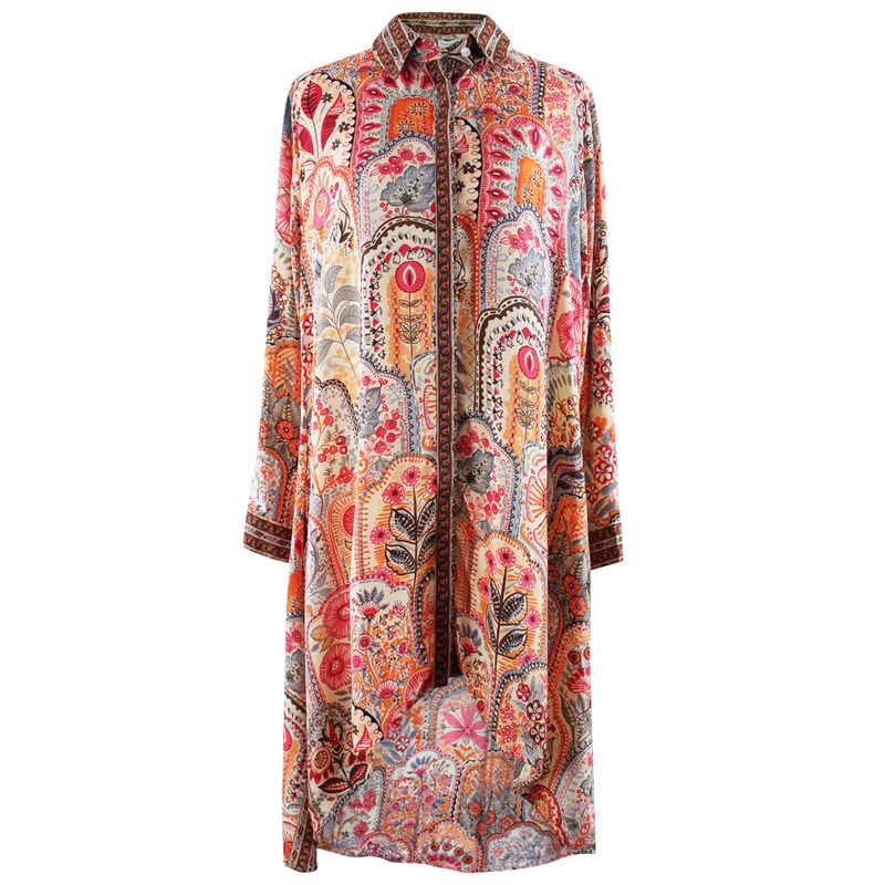 'Elora' Buttoned Pink, Orange & Cream Floral Tile Print Shirt Dress