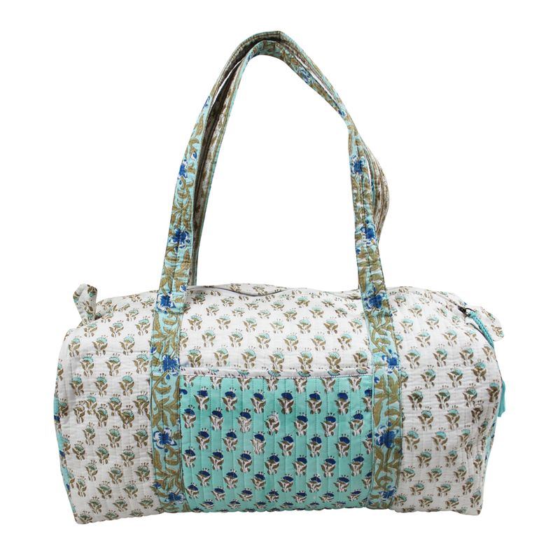 Block Printed Aqua, White & Green Floral Quilted Duffle Bag