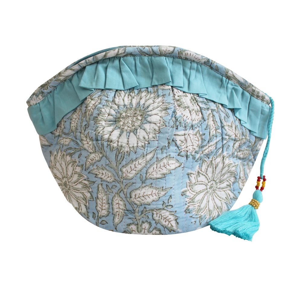 Block Printed Blue Cornflower Quilted Make Up Bag