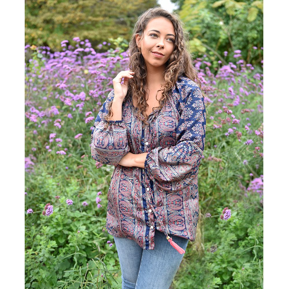 Navy Floral Bohemian Blouse 'Dahlia'