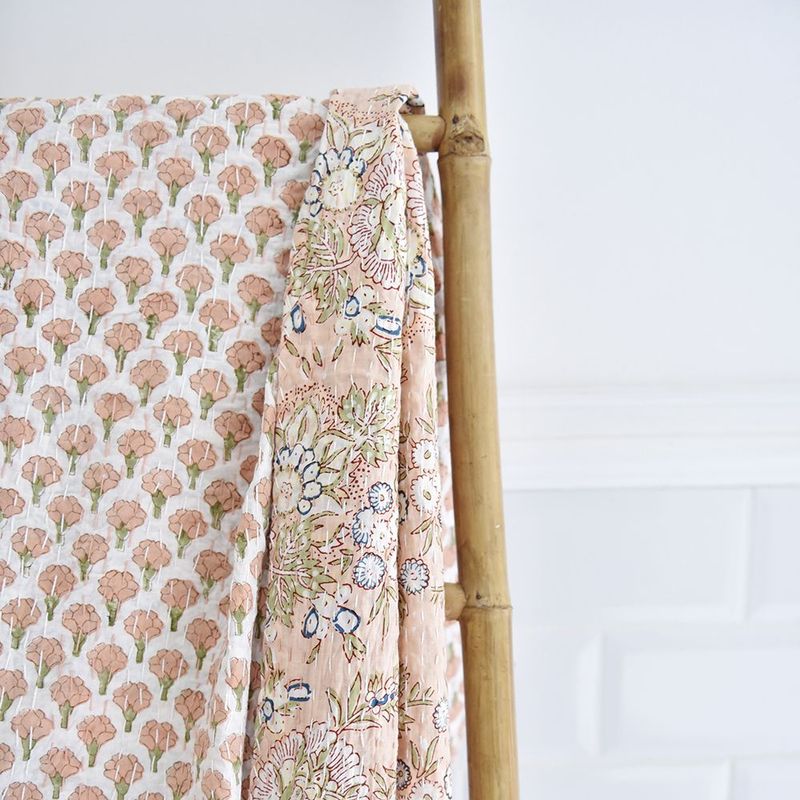 Block Printed Peach Floral Kantha Throw