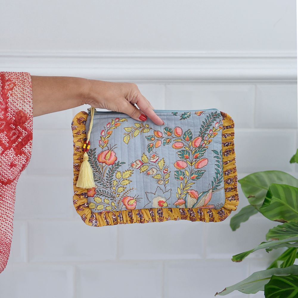 Block Printed Coral Exotic Bouquet Quilted Ruffle Make Up Bag