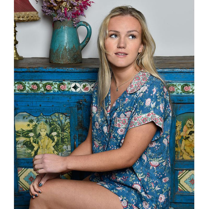 Block Printed Inky Blue & Pink Floral Stripe Cotton Short Pyjama Set
