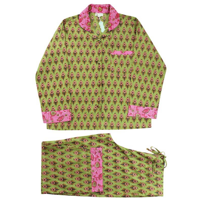 Block Printed Green & Pink Floral Cotton Pyjamas
