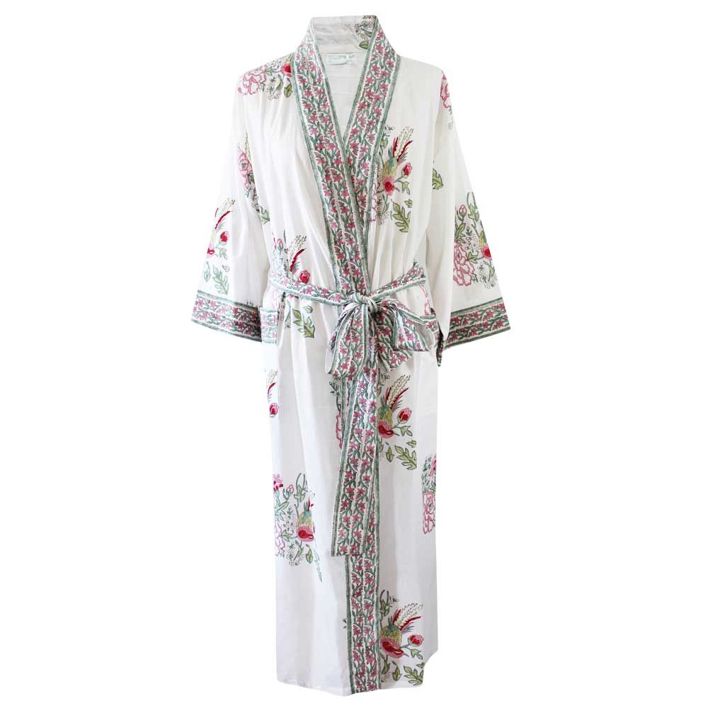 Block Printed Pink & Mint Floral Bird Cotton Dressing Gown