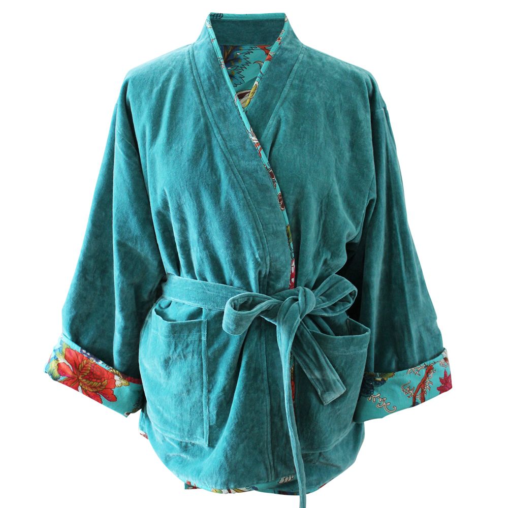 Teal Velvet/Teal Exotic Flower Cotton Print Reversible Jacket