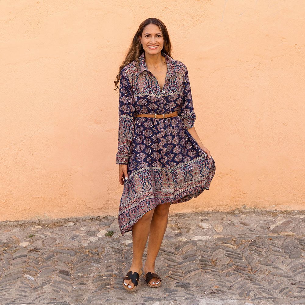 'Sasha' Buttoned Navy Floral Paisley Shirt Dress