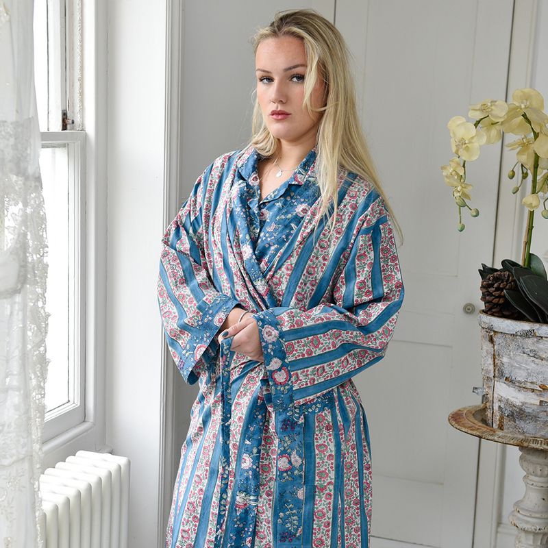 Block Printed Inky Blue & Pink Floral Stripe Cotton Dressing Gown