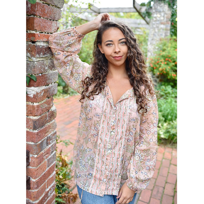 Block Printed Peach Floral Cotton Blouse 'Cora'