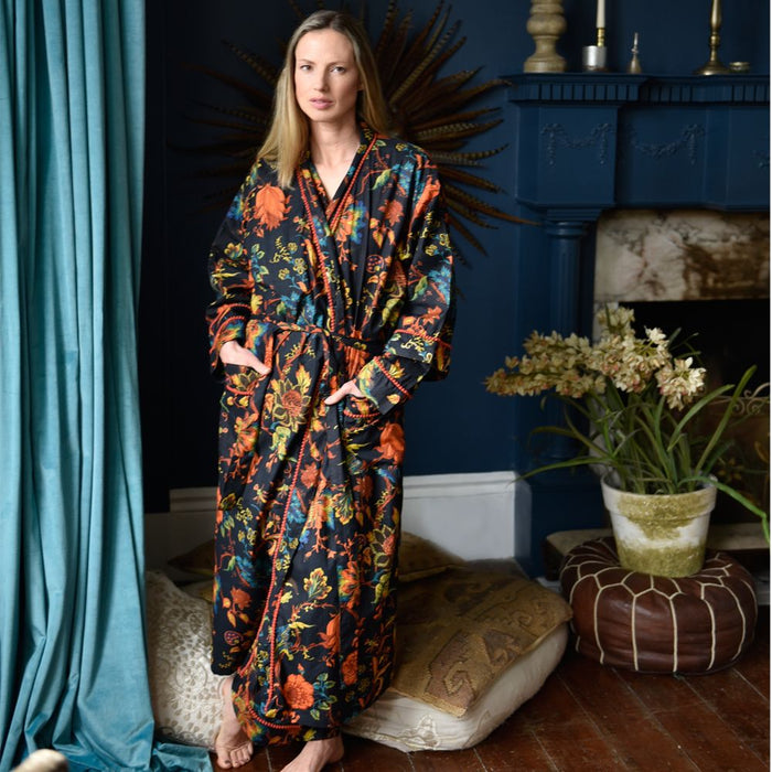 Burnt Orange Exotic Flower Print Cotton Dressing Gown