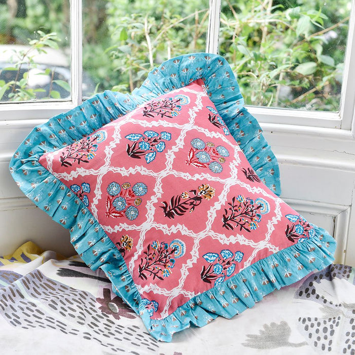 Block Printed Pink & Blue Floral Tile Ruffle Cushion