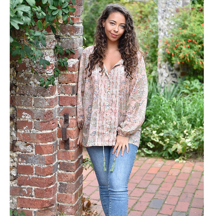 Block Printed Peach Floral Cotton Blouse 'Cora'