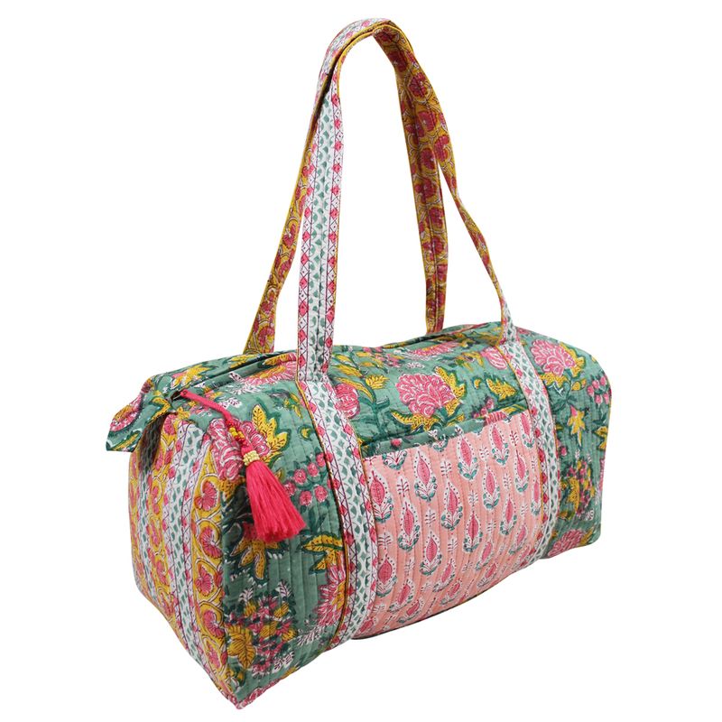 Block Printed Green, Lemon & Sorbet Pink Floral Stripe Quilted Duffle Bag
