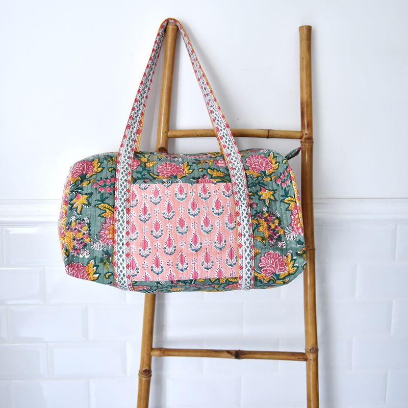 Block Printed Green, Lemon & Sorbet Pink Floral Stripe Quilted Duffle Bag