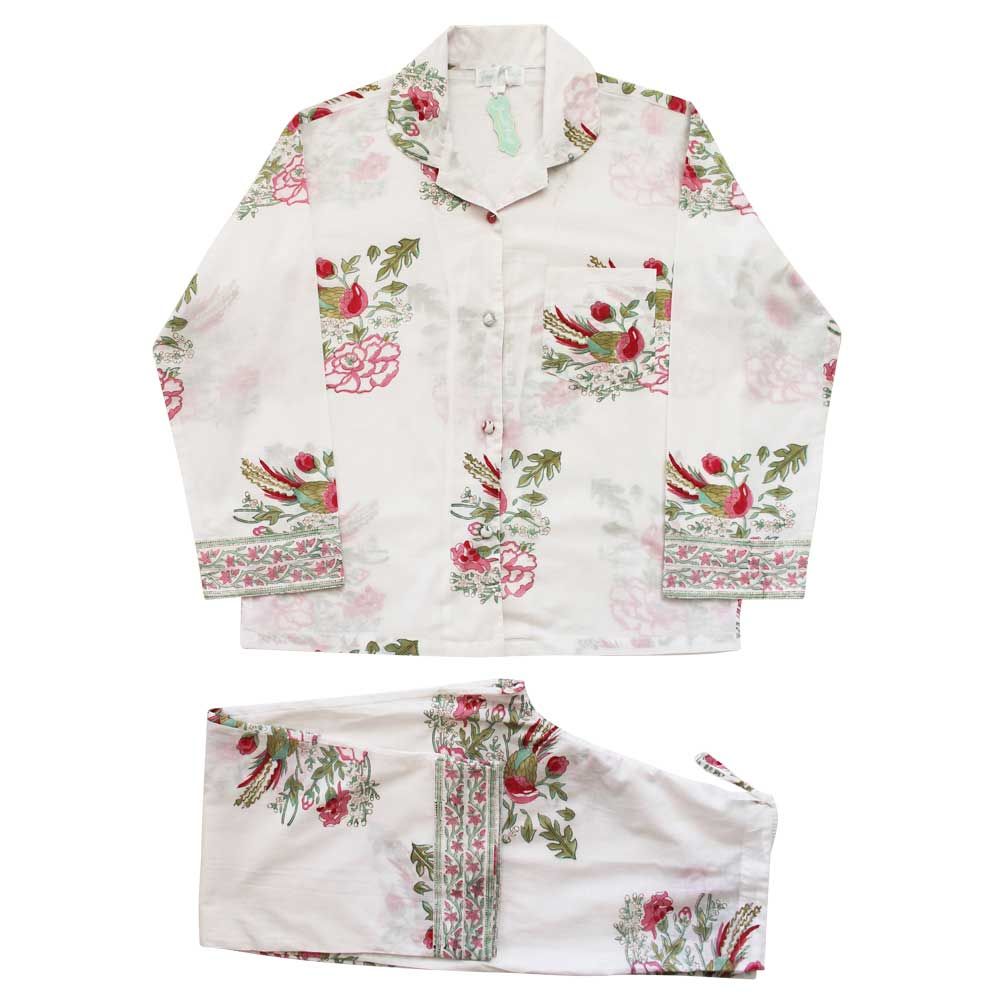 Block Printed Pink & Mint Floral Bird Cotton Pyjamas
