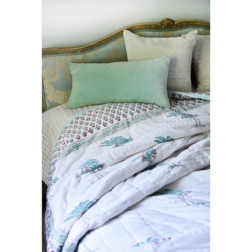 Mint Palm Tree Indian Block Printed Cotton Bed Quilt
