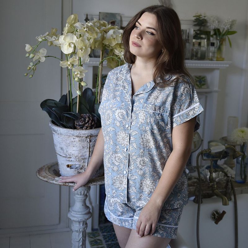 Block Printed Blue Cornflower Cotton Short Pyjama Set